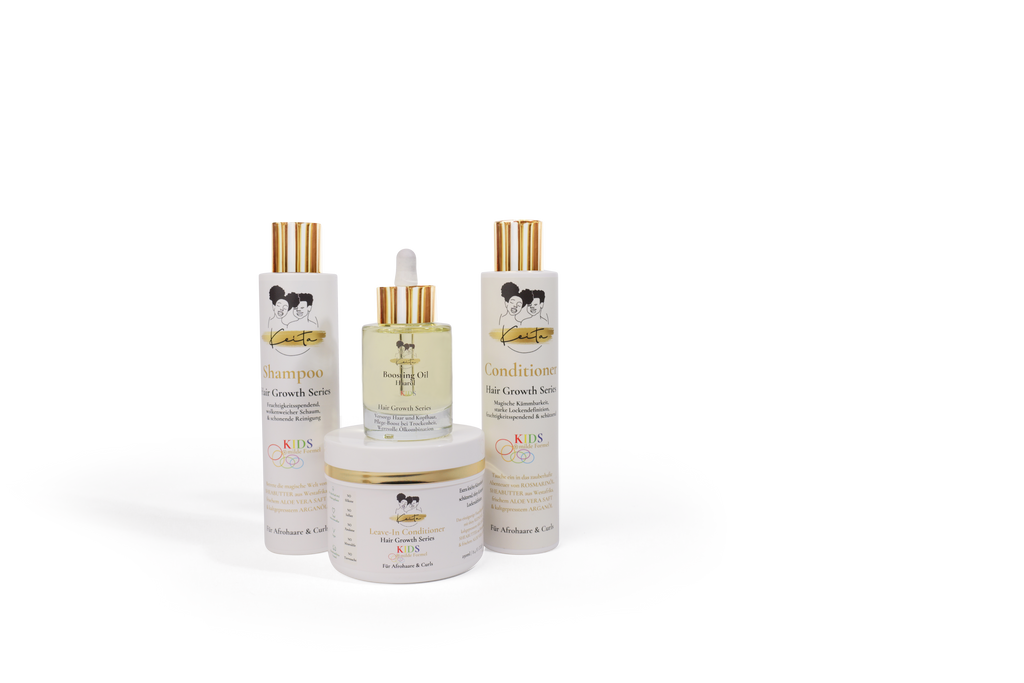 Die Haarwachstumsreihe bestehend aus einem Locken Shampoo, Locken Spülung und einem Locken Leave-In Conditioner, sie sind auch alle für Afro Haare geeignet, für Trockene und strapazierte Haare, für Kinder mit Locken